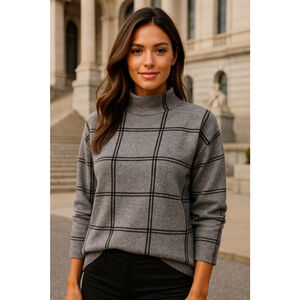 Tahari Mock Neck Pullover Sweater Square Print Classic Preppy Academia Minimal S